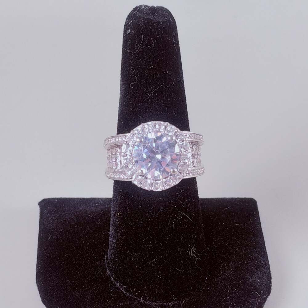 Sterling Silver 925 3 CT CZ Halo Statement Ring Size 8 Wide Band Princess Pave